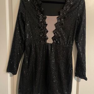 Sexy Chic Black Sequin Top with Ruffled Trim